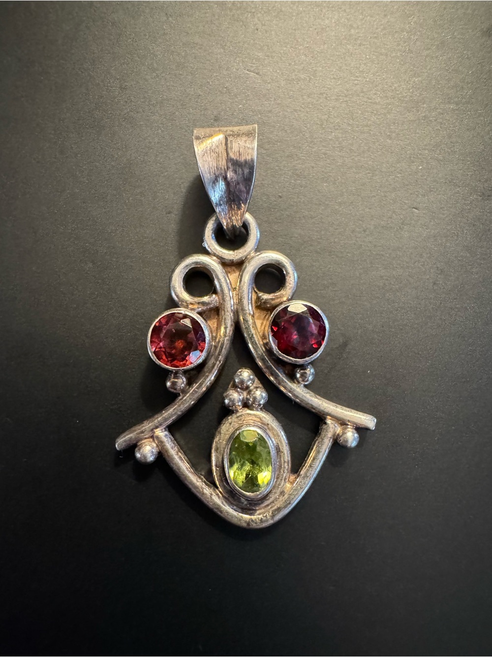 Artisan Sterling Silver Garnet & Peridot Scroll Pendant